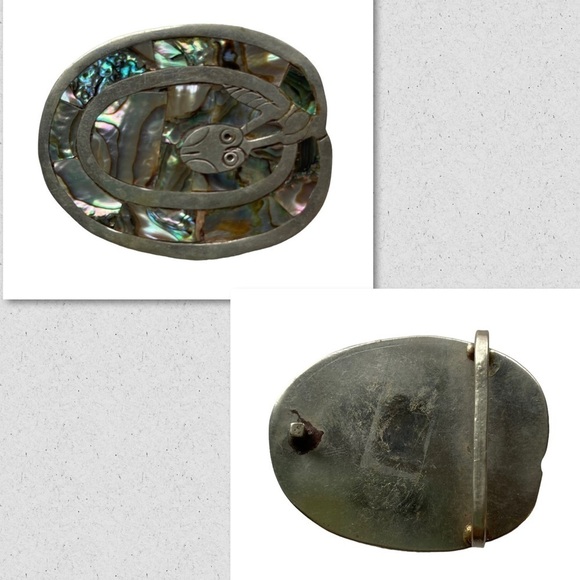 Vintage Alabone Shell Silver Large Belt Buckle Owl Bird Inlaid 1940s Mexico main image 8